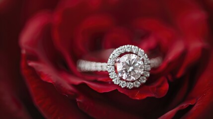 Platinum diamond ring on red rose