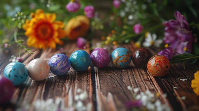 oxide beads It is a natural stone painted in various colors, round shape, placed on a classic wooden floor