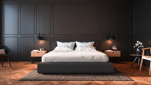 Modern bedroom with a large bed, black walls,wooden floor.The room has a cozy, minimalist aesthetic interior. 3D rendering

