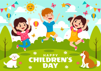 Happy Children's Day Vector Illustration with Kids Togetherness in Children Celebration Cartoon Bright Sky Blue Background and Green Field Design