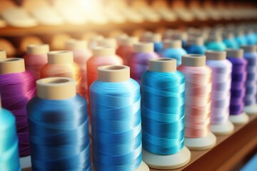 A neat and organized display of colorful spools of thread lined up in a row on a wooden shelf. Each spool is labeled with the color and material type for easy identification - obrazy, fototapety, plakaty