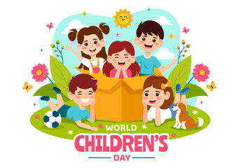 Obraz na płótnie Canvas Happy Children's Day Vector Illustration with Kids Togetherness in Children Celebration Cartoon Bright Sky Blue Background and Green Field Design