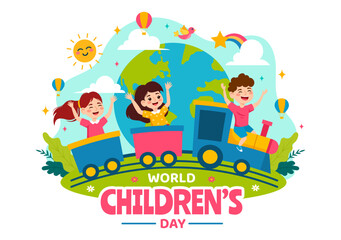 Obraz na płótnie Canvas Happy Children's Day Vector Illustration with Kids Togetherness in Children Celebration Cartoon Bright Sky Blue Background and Green Field Design