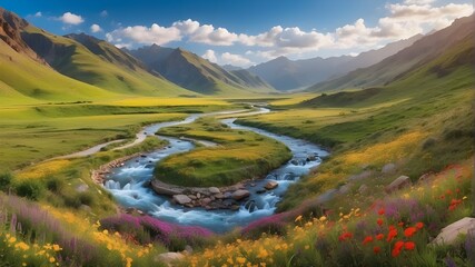 A winding river cutting through a lush valley carpeted with wildflowers