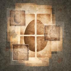Bird egg rendered on old parchment surrounded by antique photographs of egg, skull and wing details against a background of multi-layered textures, scraps and fragments.