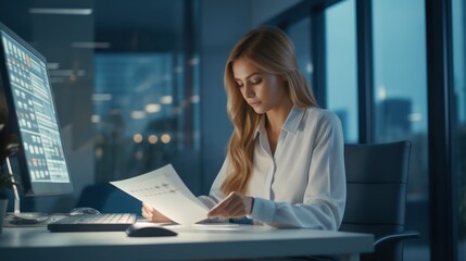 A scene unfolds in the office where a female accountant diligently works on finance and accounting matters, employing a calculator and computer.