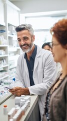 A friendly, handsome, smiling middle-aged pharmacist gives prescription drugs to a customer at a pharmacy. Health care, Medical care concepts.