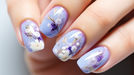 Gel polish adorns nails with intricate flower patterns, offering both hand care and a touch of elegance.
