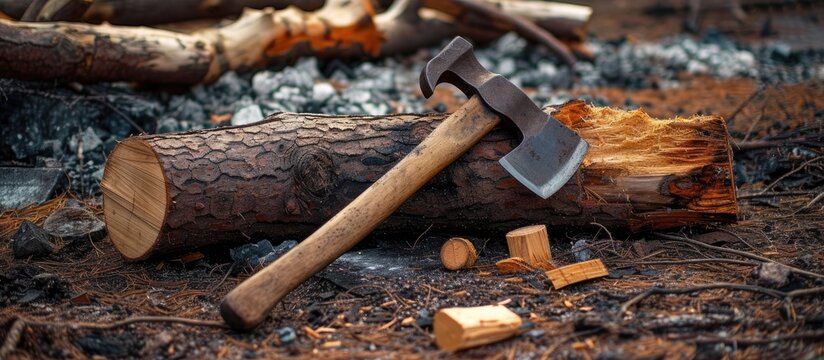 An iron axe stuck in a log with alder wood around it, a wood-splitting tool and chopped logs on the ground, all horizontal, no one present.