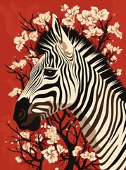 Fototapeta na wymiar A zebra can be seen standing next to a tree adorned with white flowers. The zebras distinct black and white stripes contrast with the delicate blossoms