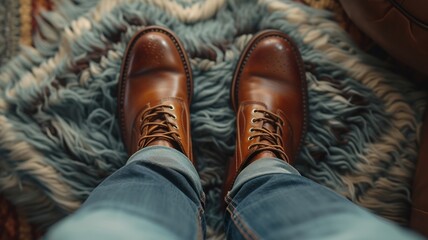 Classic brown shoes and denim, natural light, crisp details - obrazy, fototapety, plakaty
