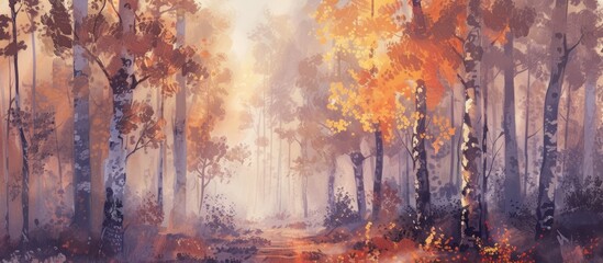 Autumn forest with misty morning glow