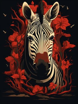 The photo depicts a zebra standing amidst a field of vibrant red flowers. The zebras black and white stripes contrast beautifully with the bold red blooms in the background