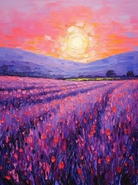 A realistic painting depicting a vibrant sunset casting warm hues over a field of colorful flowers. The sky is filled with orange, pink, and purple tones, while the flowers are in full bloom