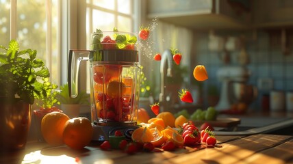 Fruits flying into blender on a sunny kitchen counter