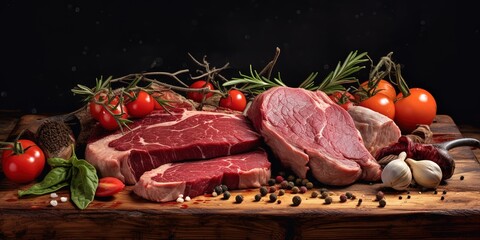 Slices of beef on a fresh red table, processed grilled meat and so there is empty space for text, greetings, wallpaper, posters, advertisements, etc.