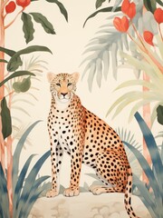 Obraz premium A realistic painting of a cheetah sitting majestically on a large rock in its natural habitat. The painting captures the cheetahs powerful physique and intense gaze as it surveys its surroundings