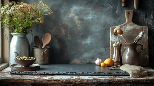 Homely culinary setup featuring a slate and utensils on an antique table