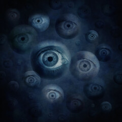 Surreal montage of eyes floating against a dark background.