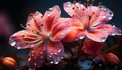 A vibrant bouquet of colorful flowers, wet with raindrops generated by AI