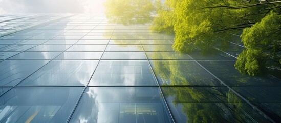 Eco-friendly modern city's sustainable glass office building with trees reduces carbon dioxide emissions.