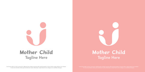 Mother baby logo design illustration. Silhouettes of people parent family girl motherhood child son infant embrace support care affection. Simple minimal geometric feminine happy abstract joy gentle. - obrazy, fototapety, plakaty