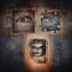 Screaming angry face montage rendered against a grunge texture background.