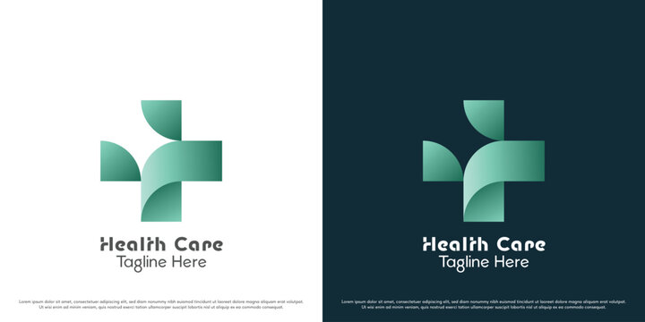 Plus health logo design illustration. Cross shape plus health medical fitness doctor sick patient nurse hospital clinic medicine. Science green geometric abstract simple gradient modern icon.