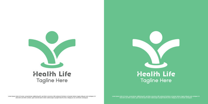 Healthy Person Logo Design Illustration. Silhouette Shape Of Body Fit People Patient Cure Treatment Care Hospital Clinic Medicine Business. Green Simple Flat Minimal Body Hand Modern Icon Symbol.