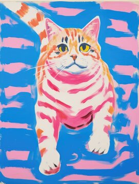 This photo depicts a detailed painting of a cat against a vibrant blue and pink background. The cat is the central focus of the artwork, with intricate details highlighting its fur and features