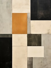 Abstract painting features an arrangement of squares and rectangles in various sizes and colors. The shapes are positioned in a balanced composition, creating a dynamic and visually striking artwork