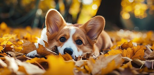 Corgi dog among autumn leaves. Animal friendship and autumn season concept.