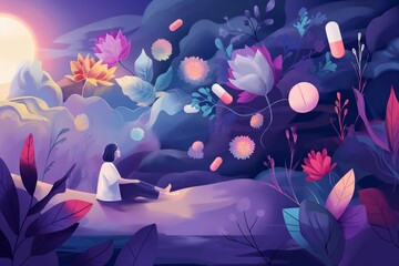 a girl with dark hair in a white T-shirt sits on the ground among flying tablets and flowers. Purple background. World mental health day design concept. - obrazy, fototapety, plakaty