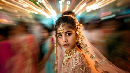 In the midst of the wedding hall buzz, a young girl in wedding attire walks with a heavy heart, her eyes conveying silent anguish to the camera.