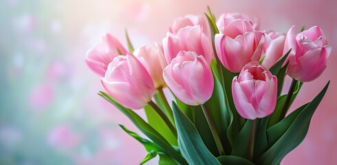 Obraz premium Pink tulips on a light blurred background. The concept of spring and blooming.