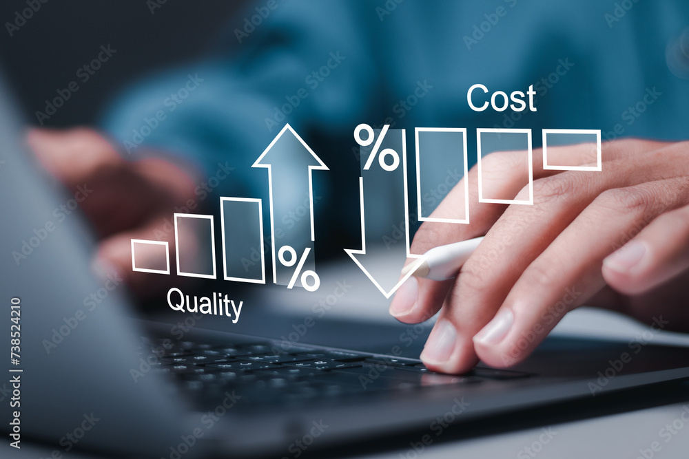 Poster cost and quality control concept. quality control and company cost reduction. successful organizatio
