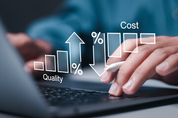 Cost and quality control concept. Quality control and company cost reduction. Successful organization strategy and management Person use laptop with cost and quality graph on virtual screen. - obrazy, fototapety, plakaty