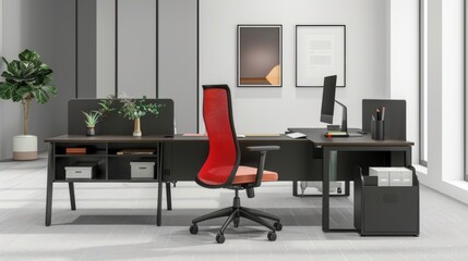 Streamlined Office Setup with Black Desk, Red Chair, and Desk Organizer with Compartments