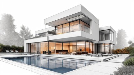 Architectural drawing of a sleek villa becoming a vivid 3D model