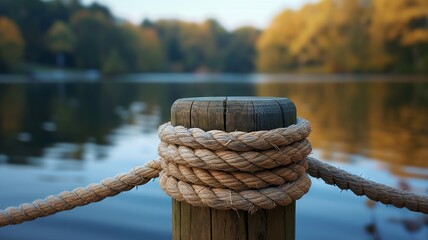 Rustic rope tied to wooden post with serene lake background