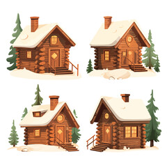 Small log cottages huts with chimney porch 