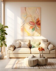 This photo showcases a modern living room featuring a white couch as the focal point, with a contemporary painting hanging on the wall above it. The room is well-lit and minimalist in design