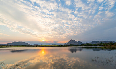 Mountain with sunset sky of pink twilight in evening time