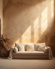 A white couch is placed next to a window in a room, creating a simple and clean aesthetic. The natural light fills the room, illuminating the white furniture