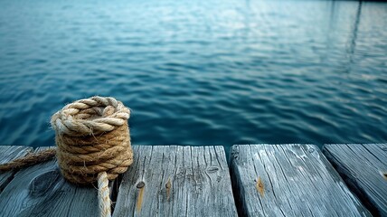Nautical theme with thick twine on weathered timber overlooking calm waters