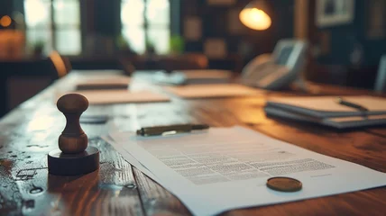 Fotobehang Legal document with classic wooden stamps on a lawyer's desk © Putra