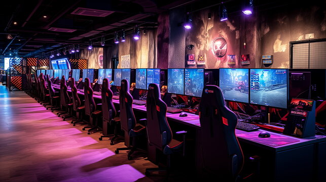 An empty modern gaming room with multiple computer stations and neon lights set for competition.