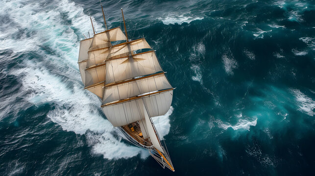 The sailboats are spread across the ocean. The ocean is deep blue, and the sailboats have white sails. The image was taken from a birds-eye view.