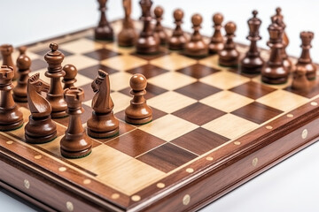 Chess set isolated on white background wooden chess board
