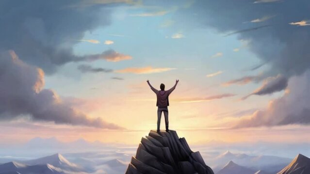 silhouette of a person on top of the mountain, concept of success, achievement, reaching goal and gratitude, being thankful